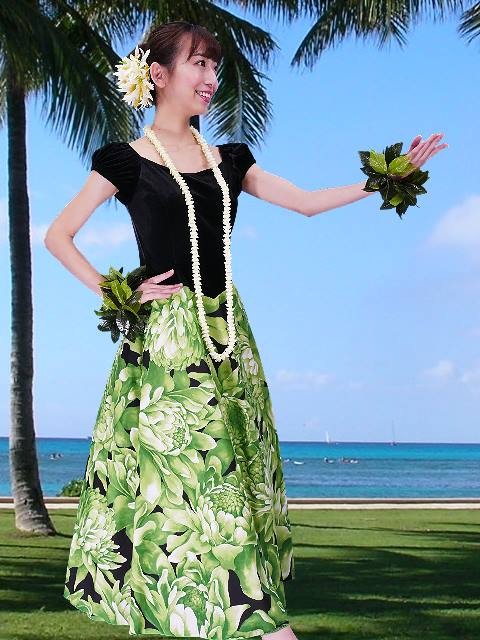 フラダンス ベロア×ハワイアンファブリックドレス グリーン Fサイズ 2432grF