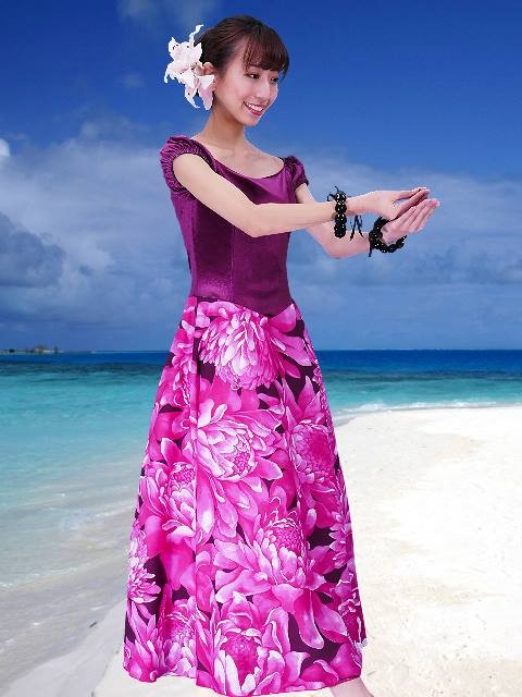フラダンス ベロア×ハワイアンファブリックドレス ピンク Fサイズ 2432piF