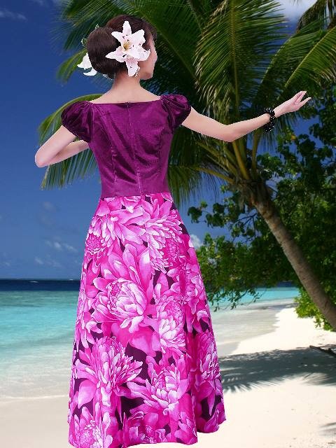 フラダンス ベロア×ハワイアンファブリックドレス ピンク Fサイズ 2432piF