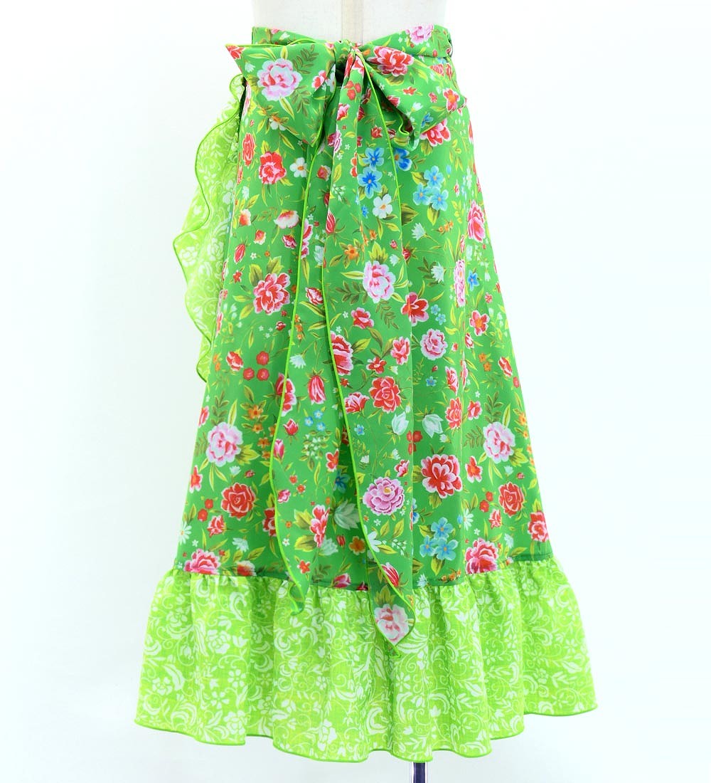 キッズ フラメンコ 巻きスカート 花柄 グリーン×イエローグリーン 120