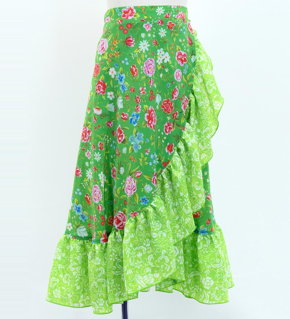キッズ フラメンコ 巻きスカート 花柄 グリーン×イエローグリーン 120