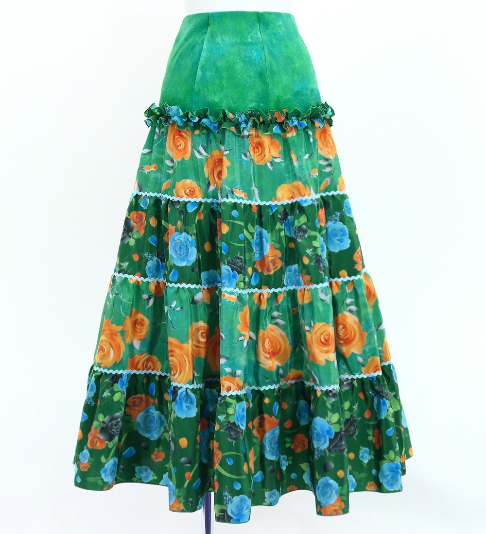 フラメンコ衣装3点セットティアードスカート フラメンコ ティアードスカート ローズ ターコイズブルー×グリーン S-L