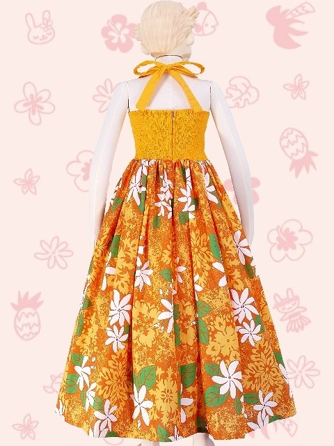 Laula - 【ジュニアサイズ用 美品 ハワイ製 フラダンス衣装】イエロー Laula ワンピース ドレス 黄 緑 白 マイレ柄 花柄 ケイキ 可愛い Laula - 【ジュニアサイズ用 美品 ハワイ製 フラダンス衣装