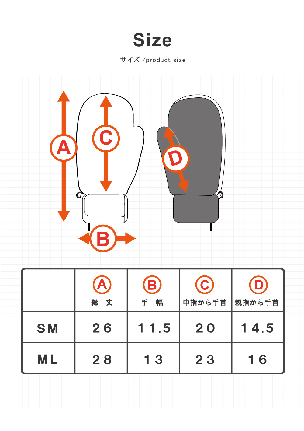 ミトングローブ、詳細サイズ