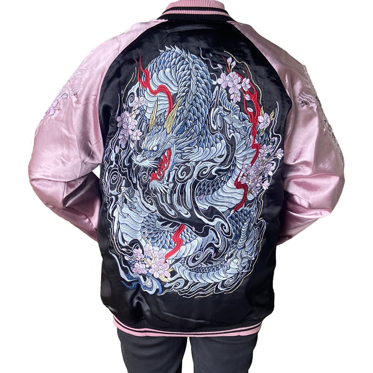 レディース古着 スカジャン 龍 ドラゴン DRAGON えんじ×ベージュ系