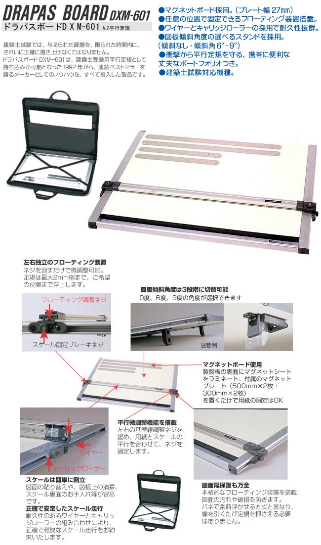 送料無料 ドラパスボード DXM-601 A2平行定規＋製図用具セット (平行 