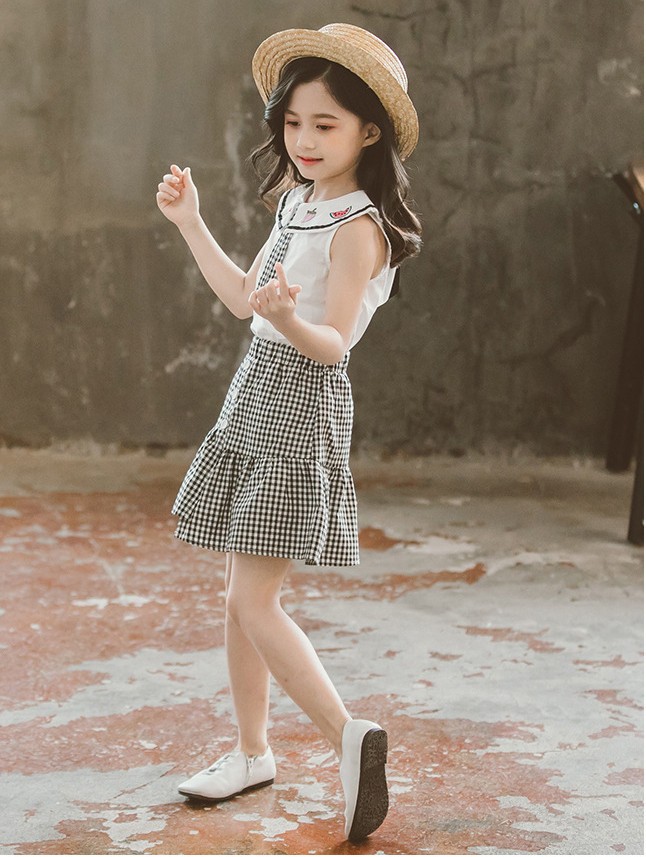 韓国子供服 ２点セット キャミソール スカート 夏 ノースリーブ チェック柄 セットアップ ゆったり 薄手 リゾート 女の子 ベビー カジュアル 学園風 可愛い 半額sale