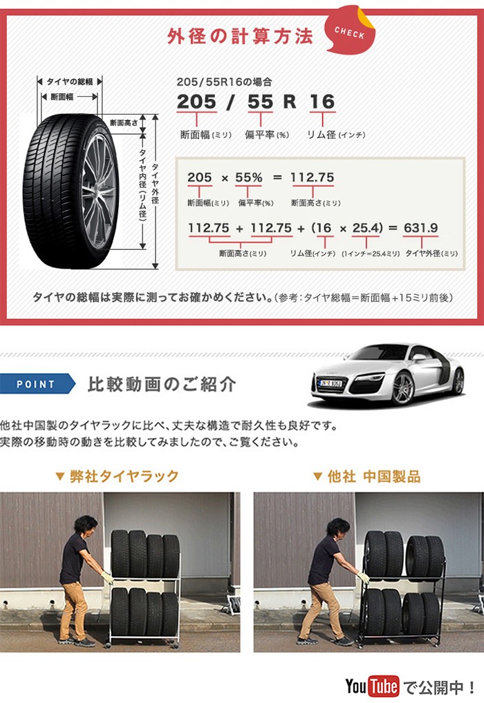 タイヤラック 固定 8本 日本製 キャスター付き タイヤ収納 軽自動車 普通車  EX001-001 - 16
