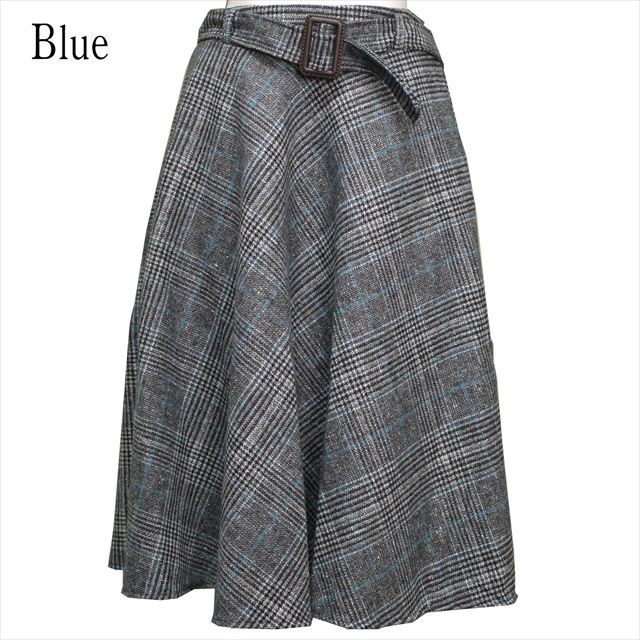 全2色　ツイードボーダーフレアスカート　ベルト付き 秋冬 膝丈 ミモレ丈 |  | 02