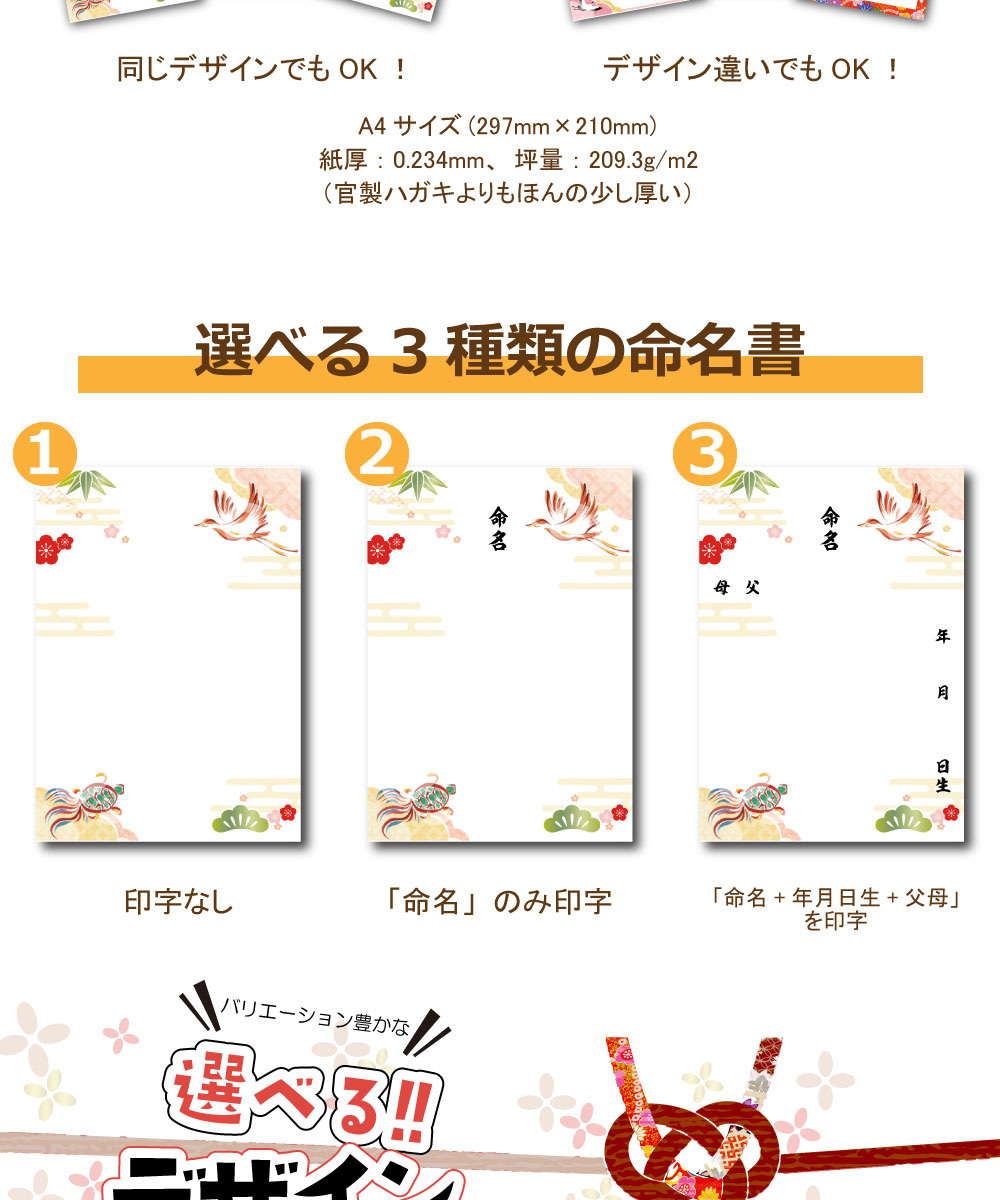 心を込めてお書きする命名書にはお子供の名前、生年月日のほか、両親の名前、身長、体重、続柄、名付け親などを記載いたします。