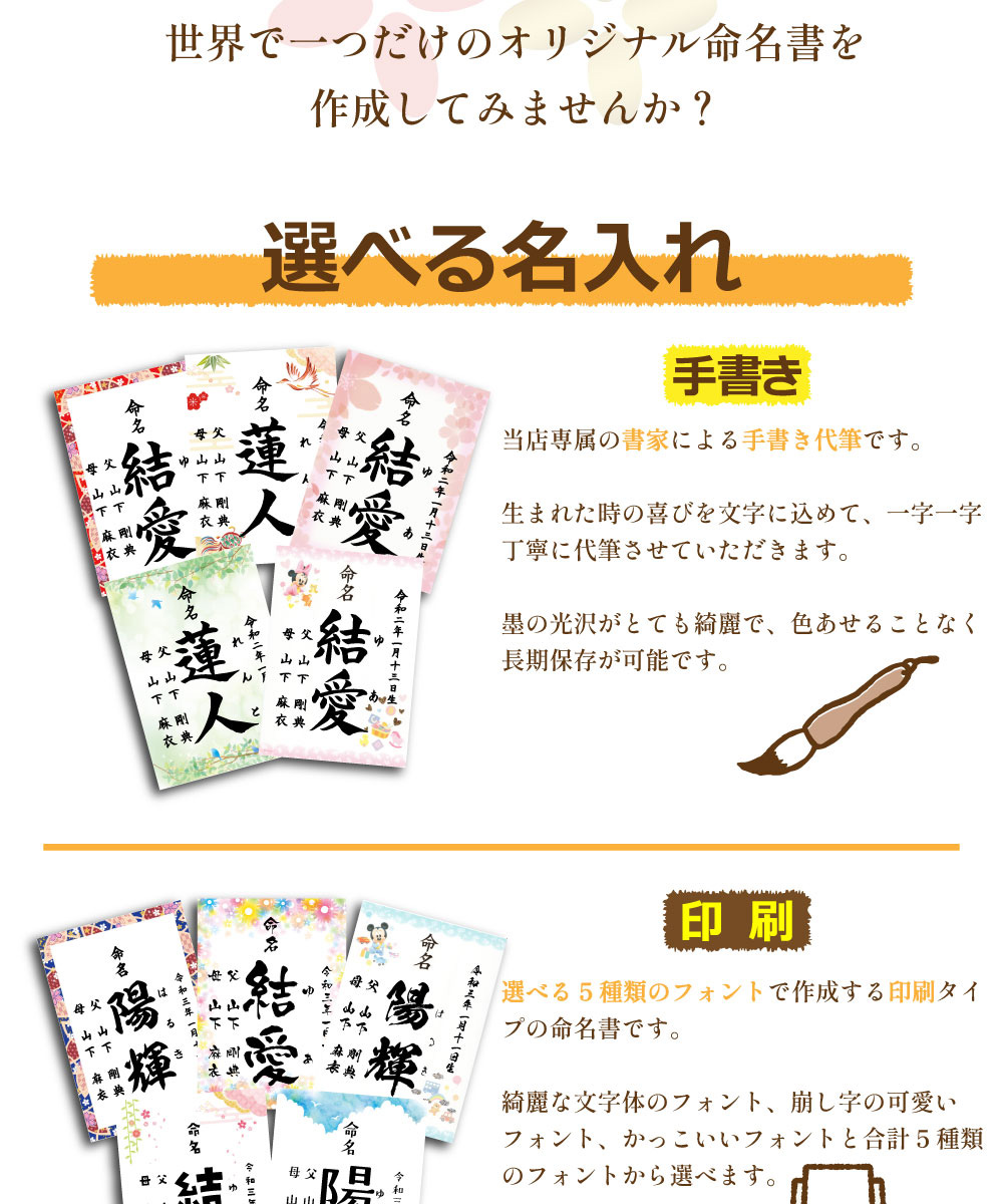 心を込めてお書きする命名書にはお子供の名前、生年月日のほか、両親の名前、身長、体重、続柄、名付け親などを記載いたします。