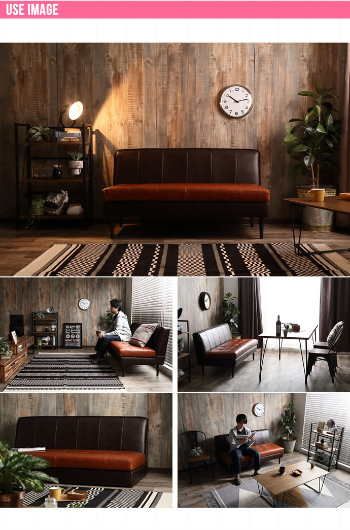 【送料込み】カフェ風 2人掛け ブラックレザーソファー ベンチシート livingday_ecr-118015