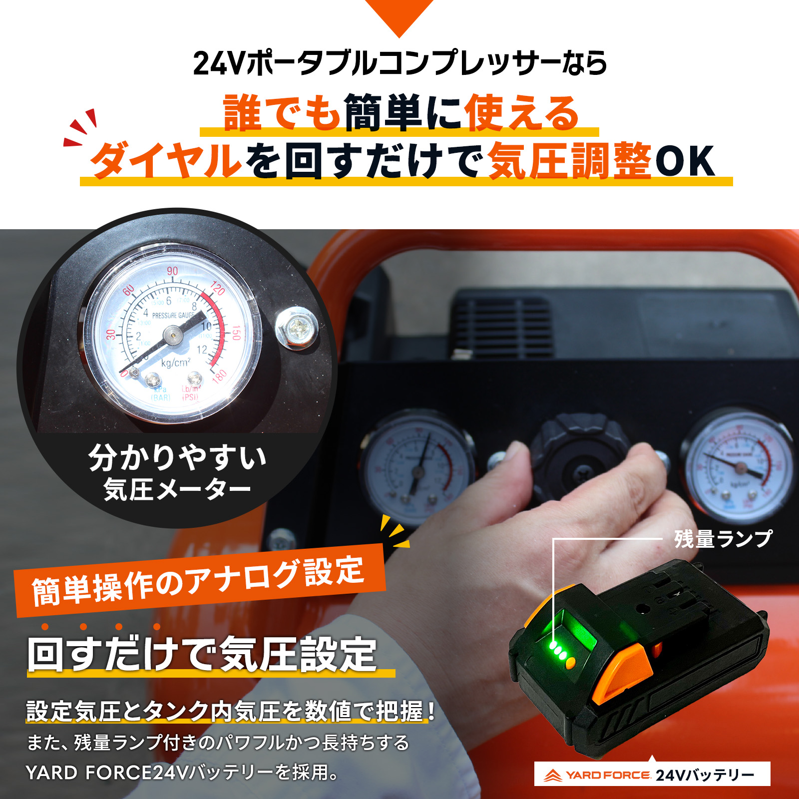 YARD FORCE（ヤードフォース） 24Vポータブルコンプレッサー 充電式 車