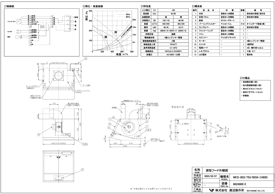 深型レンジフードW900×D595×H700【前幕板H300同梱】シロッコファンWES
