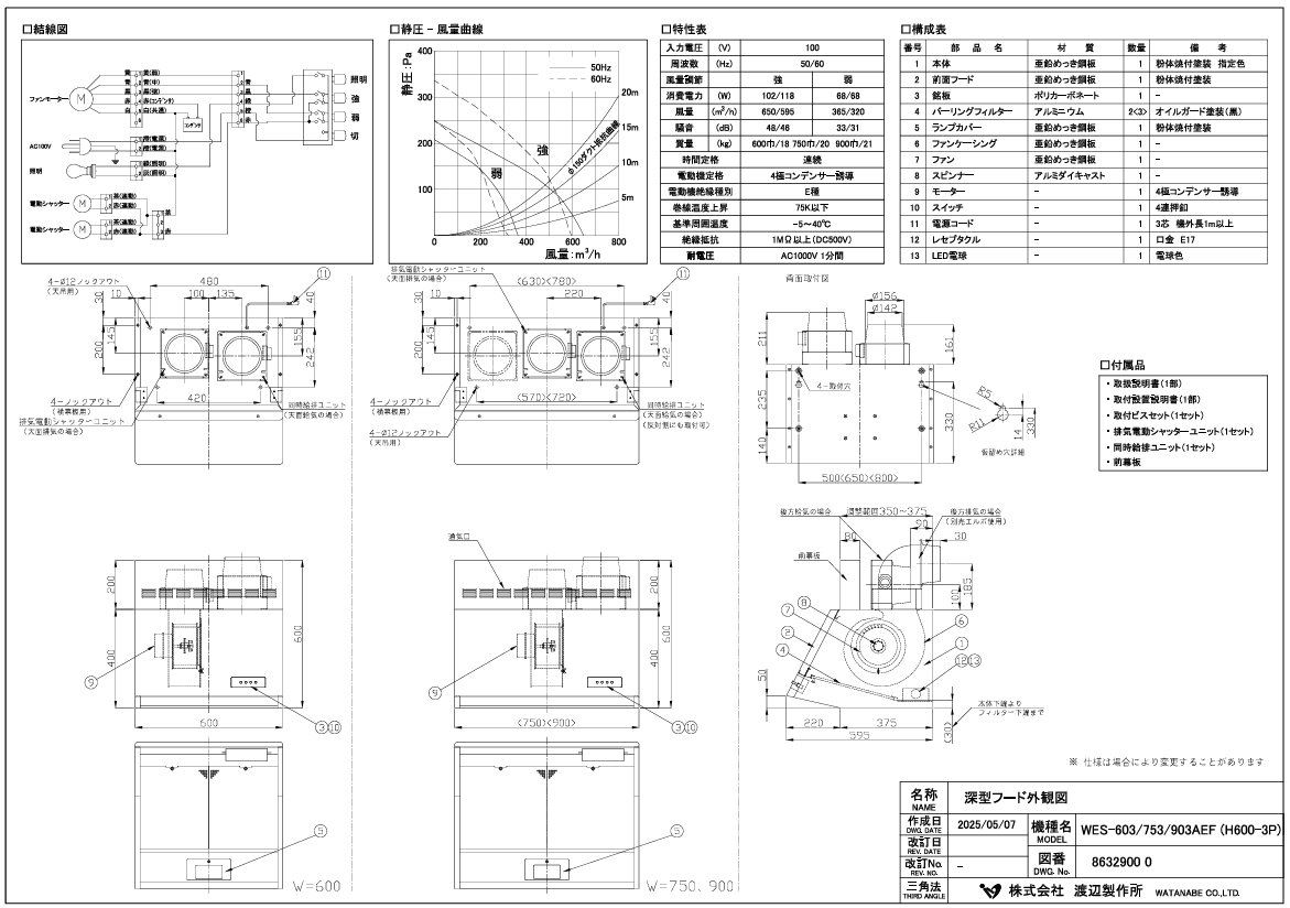 深型レンジフードW750×D595×H300【前幕板H300同梱】シロッコファン