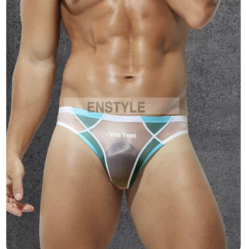 ビキニパンツ メンズ 超極薄 アイスシルク フロントノーシーム 配色切り替え フルバック エンスタイル enstyle ay787sj