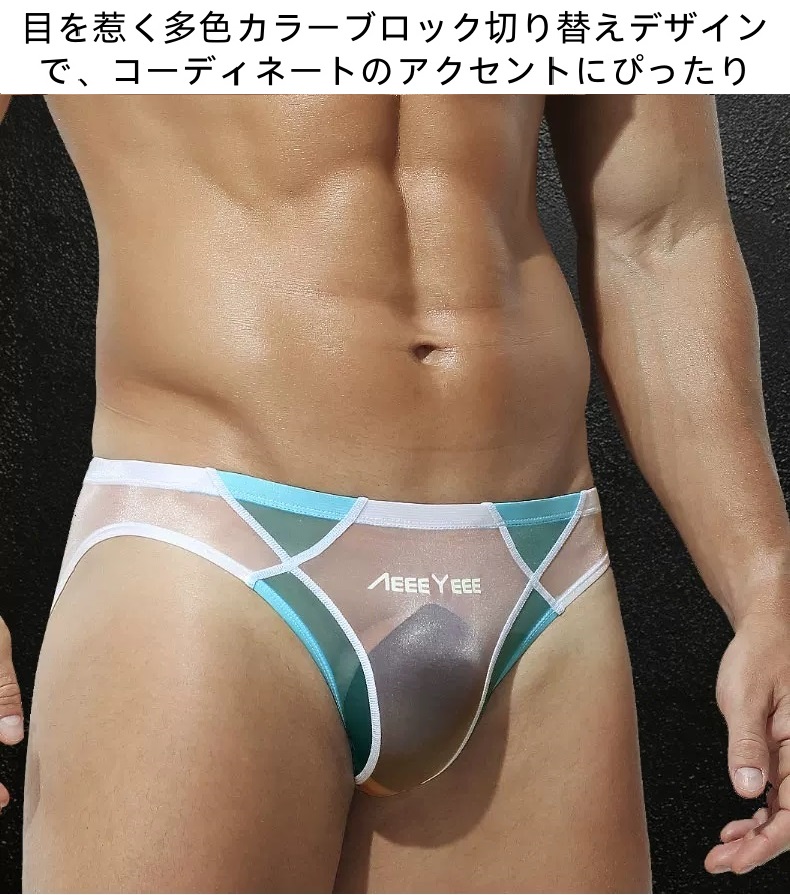 ビキニパンツ メンズ 超極薄 アイスシルク フロントノーシーム 配色切り替え フルバック エンスタイル enstyle ay787sj
