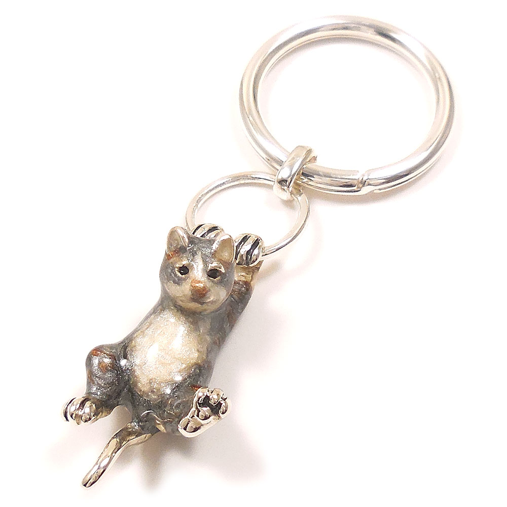 キーホルダー キーリング シルバー925 ぶら下がりネコ サバトラ