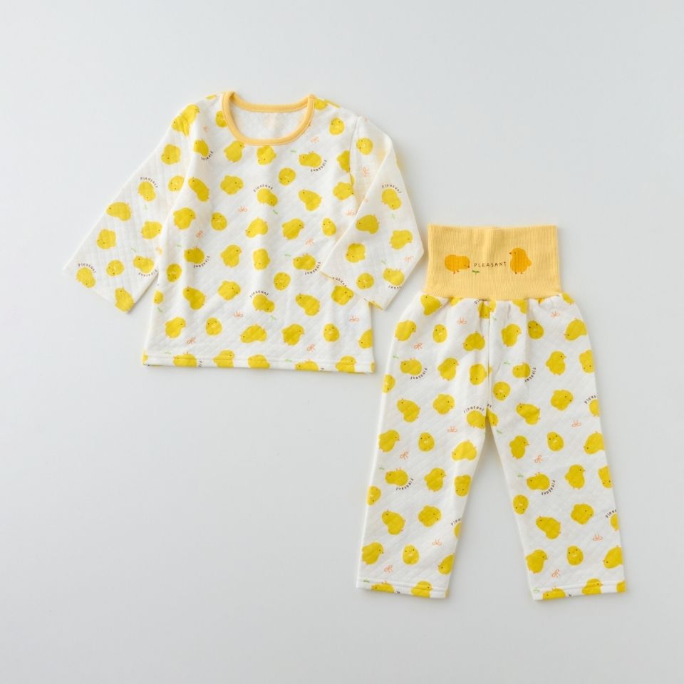 パジャマ 長袖 ベビー 70〜90cm ヒヨコ柄 腹巻き付き 秋冬用 かわいい