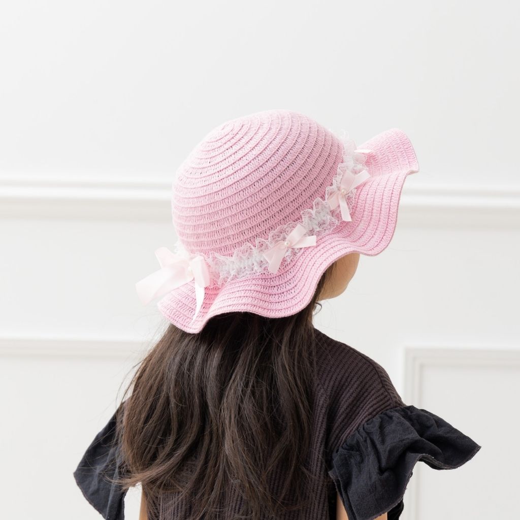 帽子 子供 52cm 54cm ピンク レース リボン パール付き かわいい