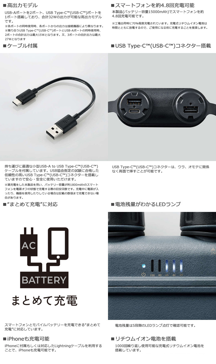 新品未使用　 ELECOM モバイルバッテリー NESTOUT 15000mAh NESTOUT Power Bank(15000mAh/32W/C×1＋A×2) - DE-NEST15000AGY