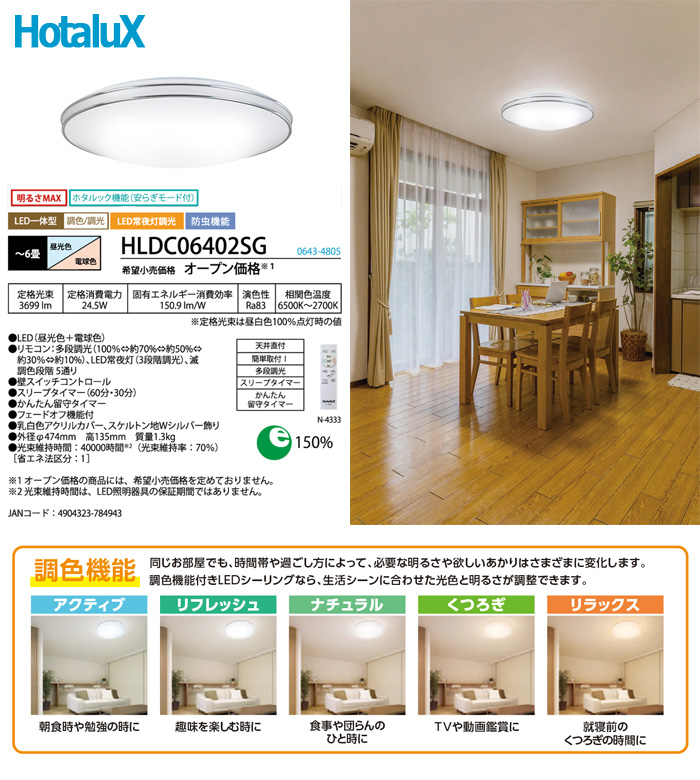 ホタルクス NEC HLDC06402SG LED シーリングライト 6畳 調光調色 日本