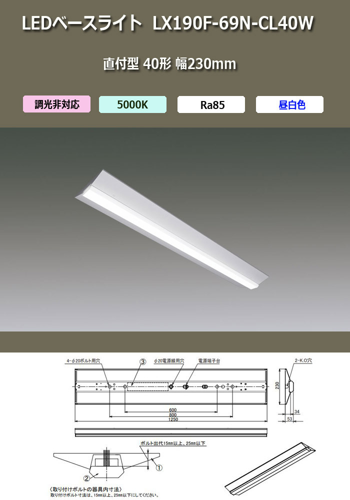 アイリスオーヤマ LEDベースライト LX190F-69N-CL40W 直付型 40形 幅