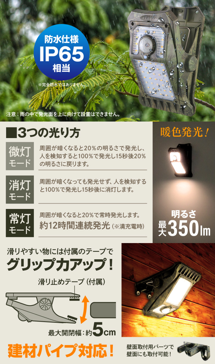 オンスクエア OL-336C ソーラーLEDセンサークリップライト 迷彩 カモ柄