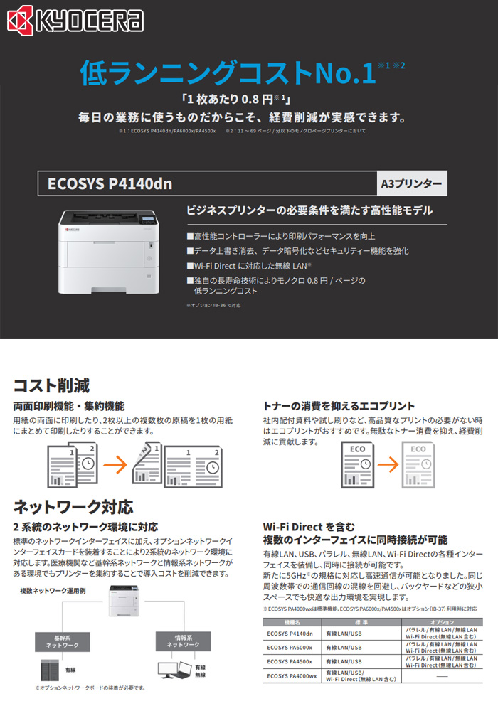 KYOCERA（京セラ） ECOSYS P4140dn モノクロA3プリンター 「送料無料