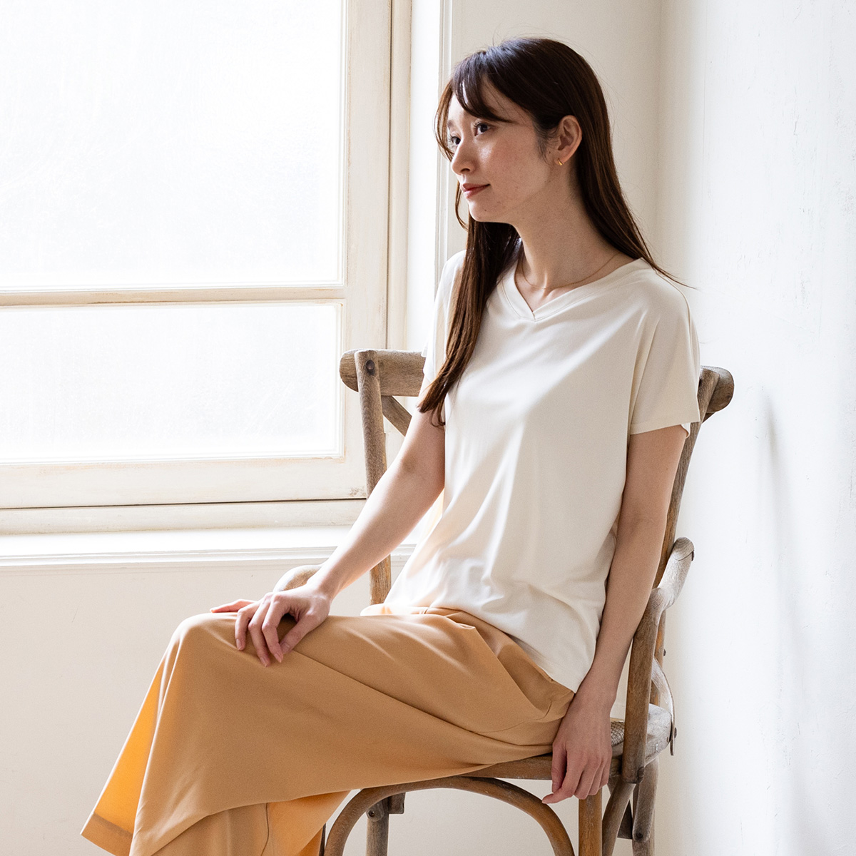 フレンチ袖トップス シルク100% 正絹スムース140g Vネック フレンチ袖トップス レディース
