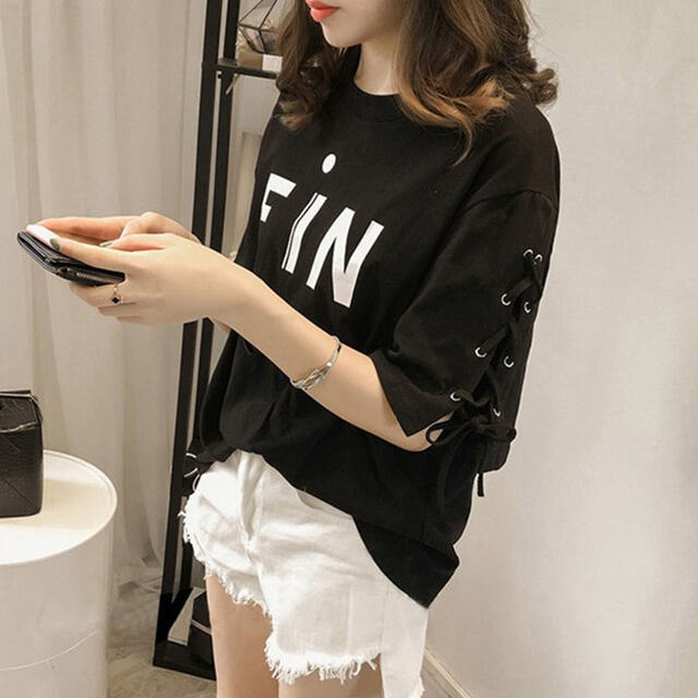 Tシャツ トップス カットソー 半袖 ５分袖 カジュアル 大人可愛い 安い 可愛い レディース 袖 編み上げ レースアップ プリント Yasu リラークショップ 通販 Yahoo ショッピング