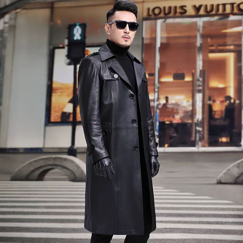 【ロングコート　ラムレザー　ダブルボタン　羊革　ブラック　裏地柄　古着】 xgszp74605_21pr01014