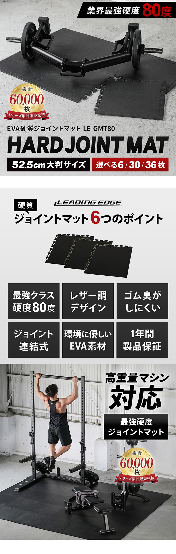 リーディングエッジ leadingedge 硬質 トレーニング ジョイントマット 51cm ブラック 黒 le-gmt80 メタル 強い 床保護 大判サイズ 静か 宅トレ クッション素材 海外風