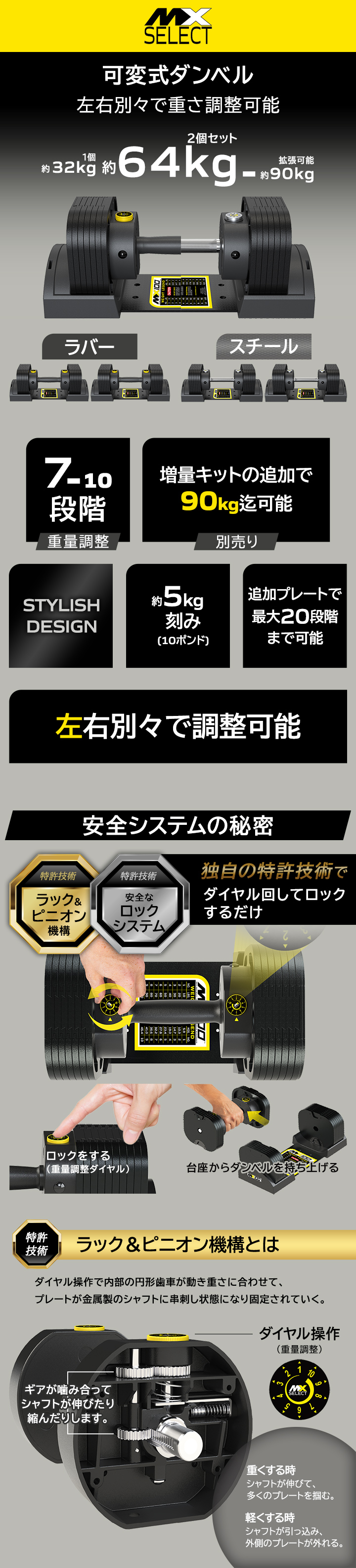可変式ダンベル 32kg 2個セット 【5.9kg〜32.2kg 約5kg刻み 7段階