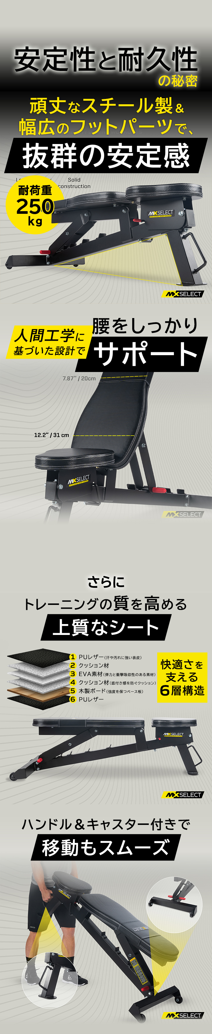 トレーニングベンチ 耐荷重250kg 6段階角度調整 インクライン