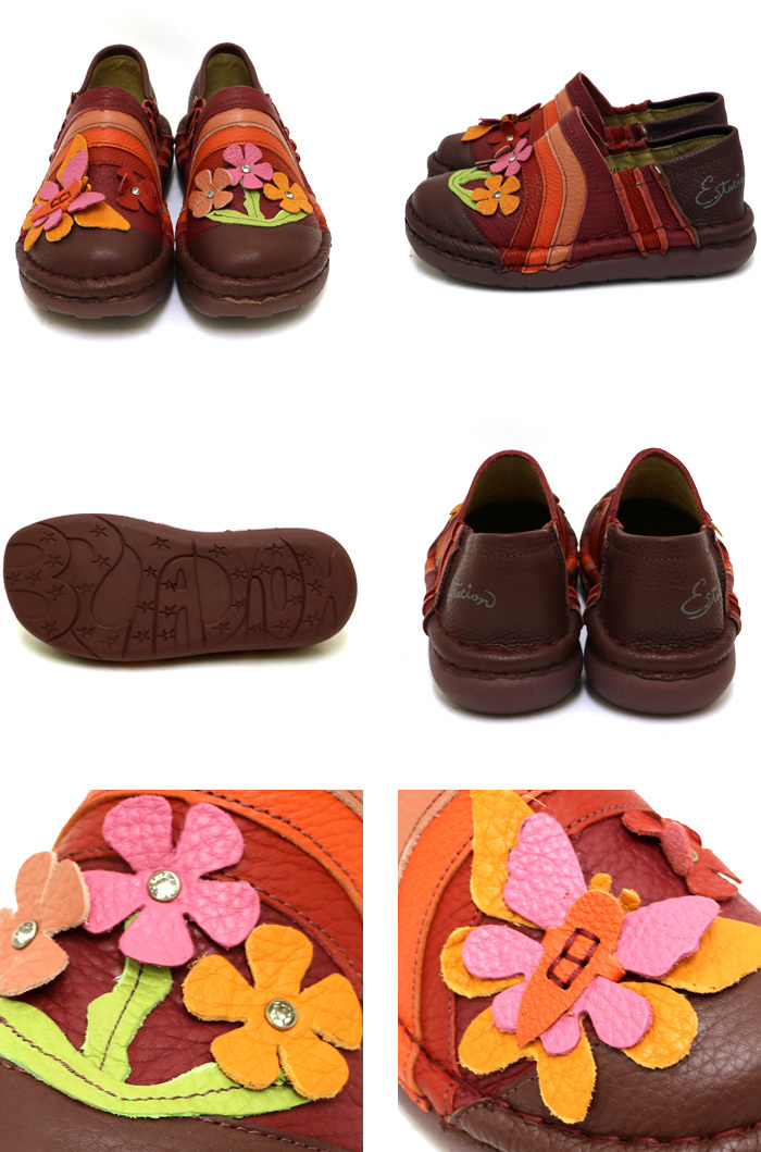 エスタシオン カラフルな花柄モチーフ本革スリッポン Lサイズ オレンジ エスタシオン カラフルな花柄モチーフ本革スリッポン Lサイズ オレンジ