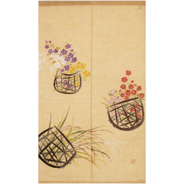 暖簾 のれん 万葉舎 手描きのれん 花籠図 (P-406) サイズ：88cm×150cm
