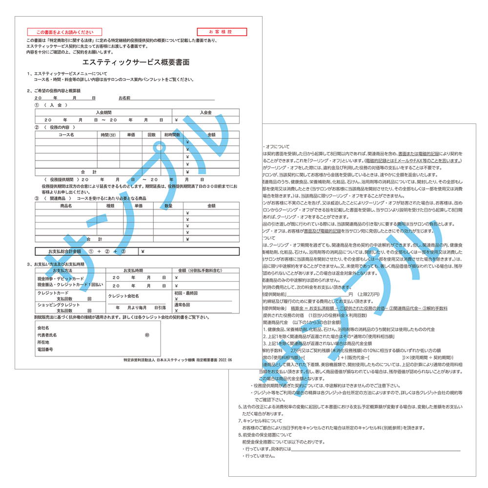 エステティックサービス概要書面 50組 説明書 同意書 / 即日発送 法令様式、ビジネス