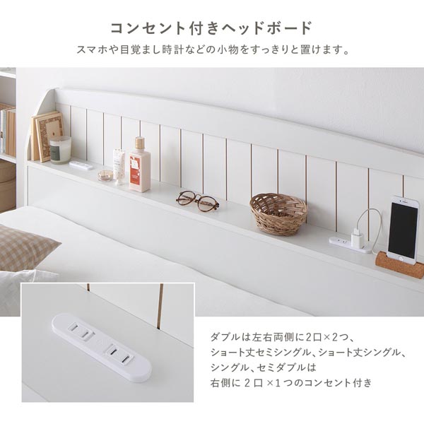 ベッド ダブル 3ゾーンポケットコイルマットレス付 ホワイト 引き出し
