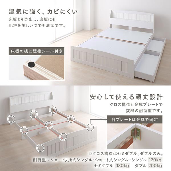 ベッド セミダブル ベッドフレームのみ ホワイト 引き出し 収納付 棚付