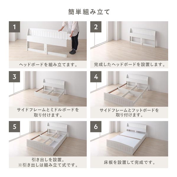 ベッド セミダブル ベッドフレームのみ ホワイト 引き出し 収納付 棚付