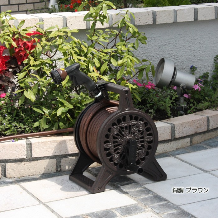 ホースリール 散水 おしゃれな ガーデンレトロホースリール ホースノズル付 20m Bronze Reel ガーデニンググッズ 散水用品