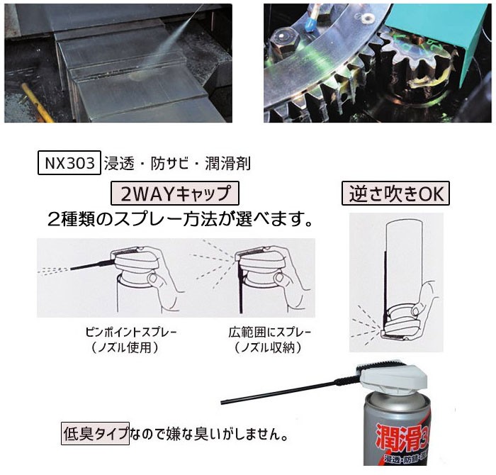 潤滑 スプレー 缶 潤滑スプレー 浸透 防錆 低臭 逆さ噴き 2wayキャップ 自動車 バイク 機械 工具 手入れ すべり剤 車 サビ 自転車 チェーン ギア