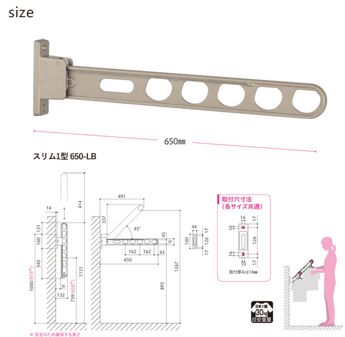 サイズ詳細：物干金物 スカイクリーン スリム1型 65cm