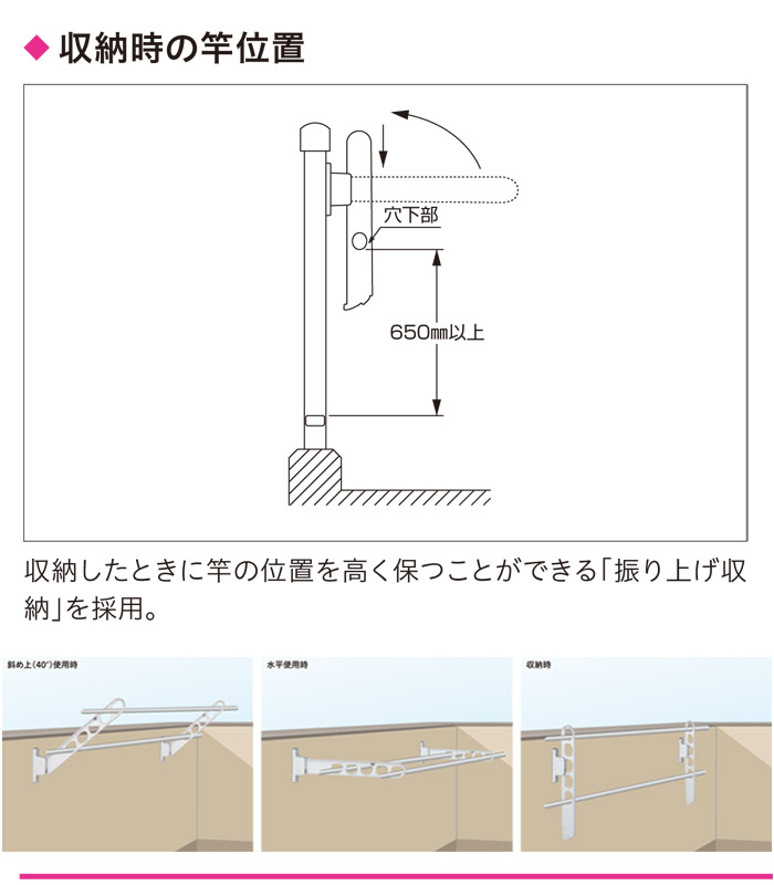 収納時の位置：物干し 低い位置に洗濯物が干せる腰壁に取り付けタイプ。竿を掛けたまま角度調整・収納ができる！