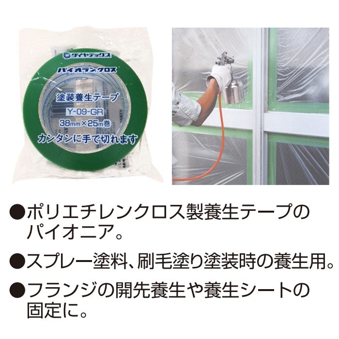 養生用粘着テープ パイオランクロス パイオランテープ グリーン 38×25ｍ 36個入り単位 住宅・ビルの塗装・工事などの養生作業に