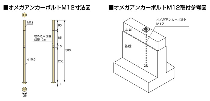 オメガー オメガアンカーボルトM12 基礎と土台の接合 M12×360mm AA3420