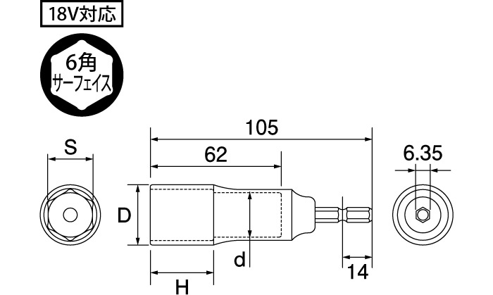 建築 型枠 解体 電動ドリル用 六角ソケット 19mm 全長105mm 1本単位