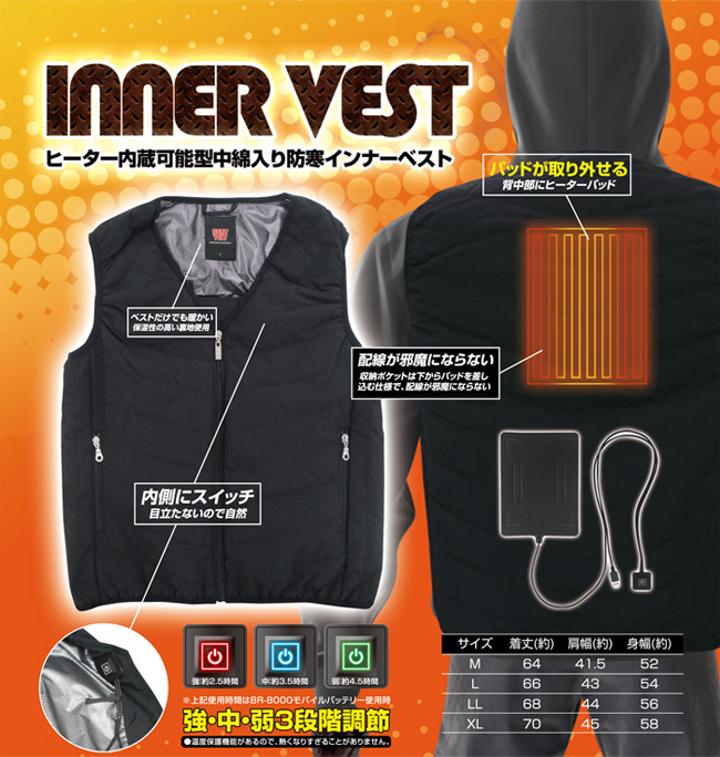 ヒーターベスト 電熱ベスト ブレイン ヒートベスト 中綿入り防寒 インナーベスト Vネックタイプ バッテリー付き ヒーター付きベスト