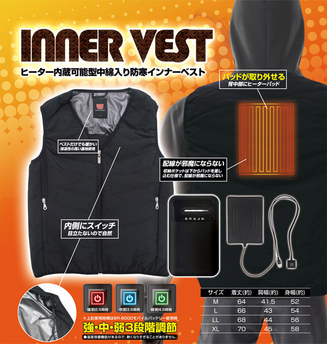 最新人気 ヒーターベスト ブレイン ベストヒーター内蔵可能型 中綿入り 防寒 インナーベスト Vネック ブラック 黒 スイッチ付きヒーターパッド バッテリー 3点セット 新着商品 Zoetalentsolutions Com